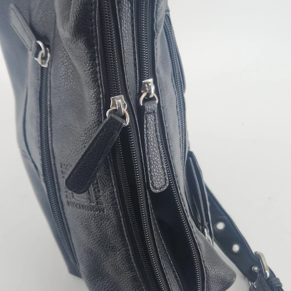 Stone Mountain Black Leather Crossbody Bag Dual Zip Top Multi Pocket Studded